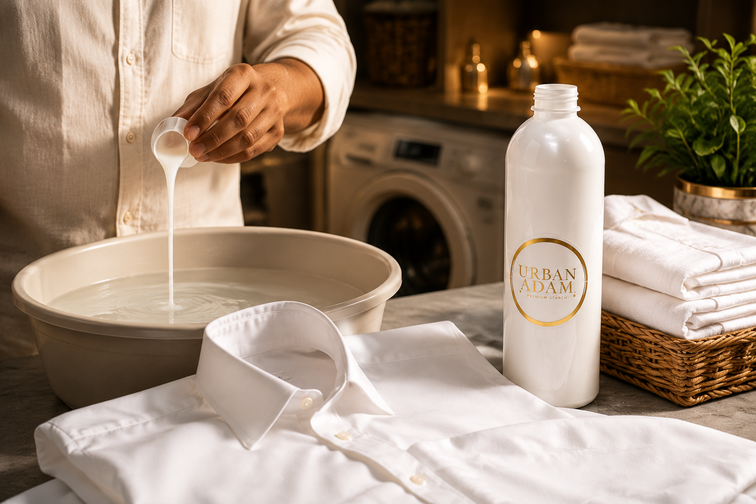Pouring Urban Adam liquid starch into a basin next to a crisp white shirt