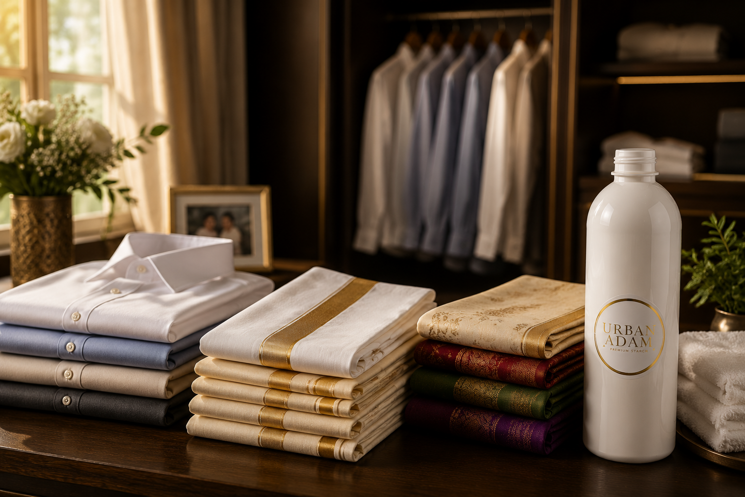 Urban Adam Premium Starch among carefully folded shirts and traditional garments in a luxury wardrobe
