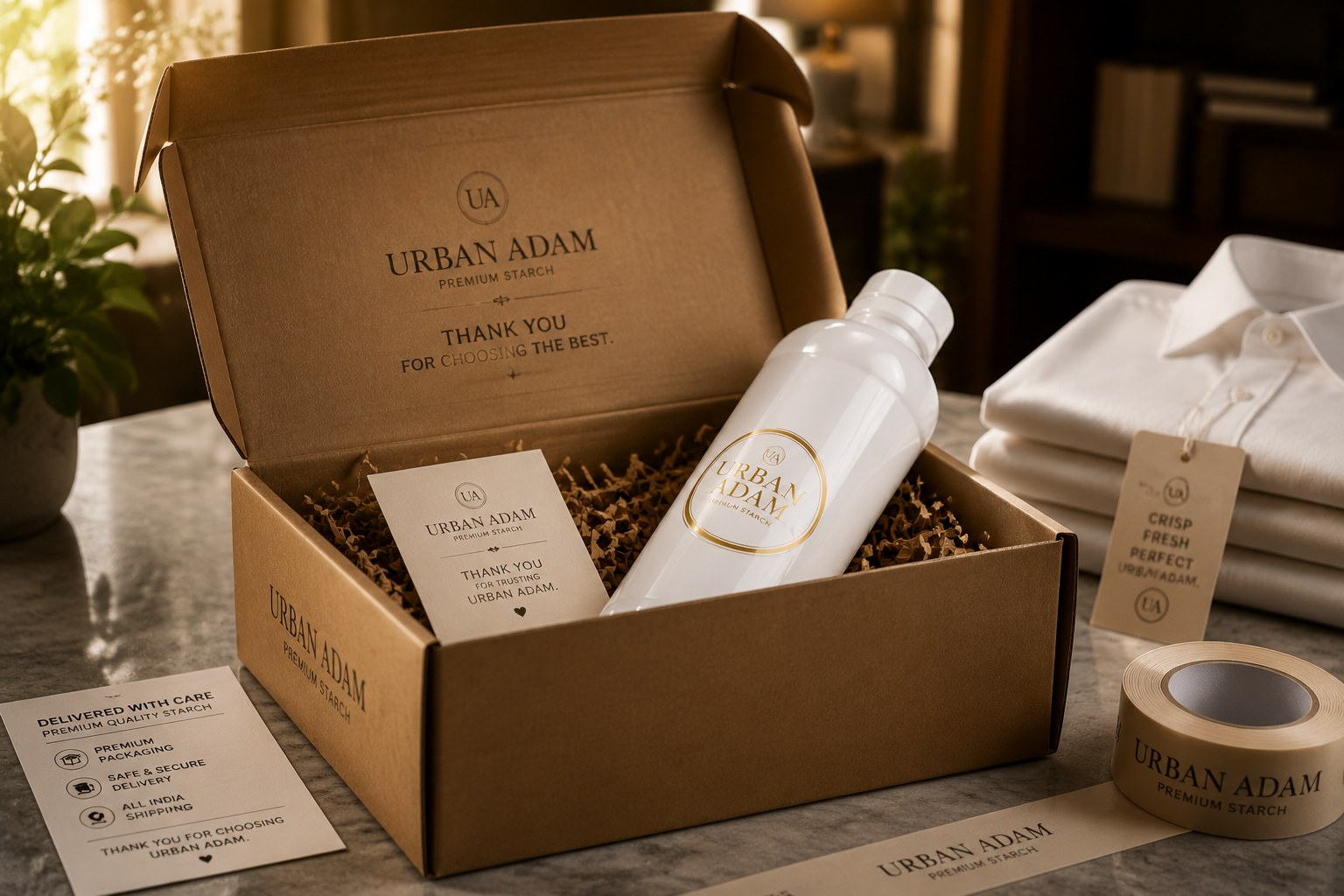 Urban Adam Premium Starch bottle packaged in a branded box beside folded shirts — premium unboxing experience.