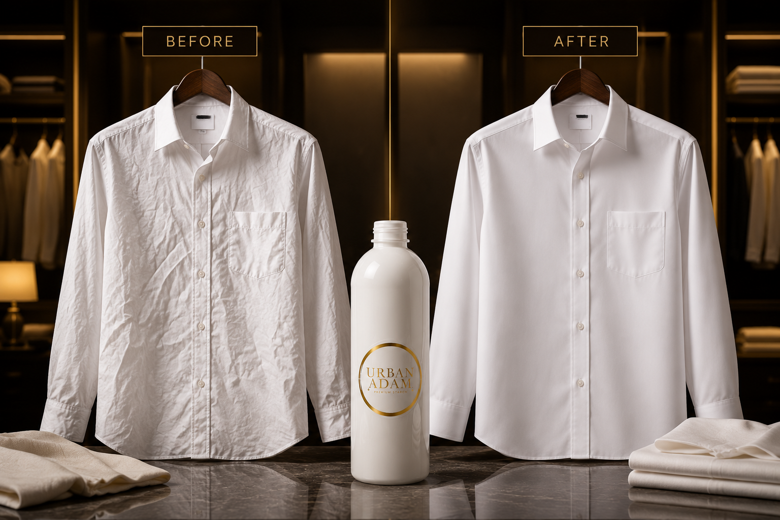 Before and after comparison showing a wrinkled shirt transformed into a crisp finish