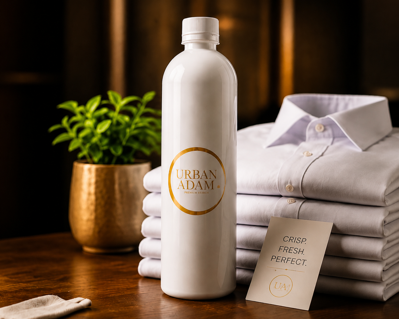 Urban Adam Premium Starch bottle with folded white shirts and a CRISP. FRESH. PERFECT. card on a warm wooden surface