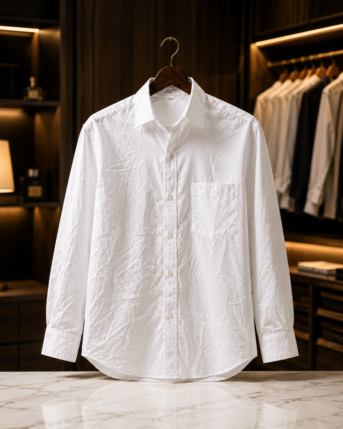 Wrinkled white shirt before Urban Adam Premium Starch